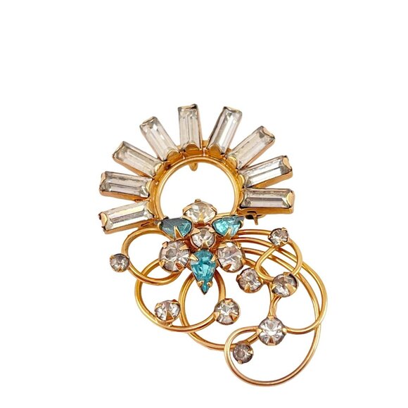 M & S Vintage 12K Gold Filled Blue Rhinestone Ornate Floral Blue Brooch - Picture 4 of 9